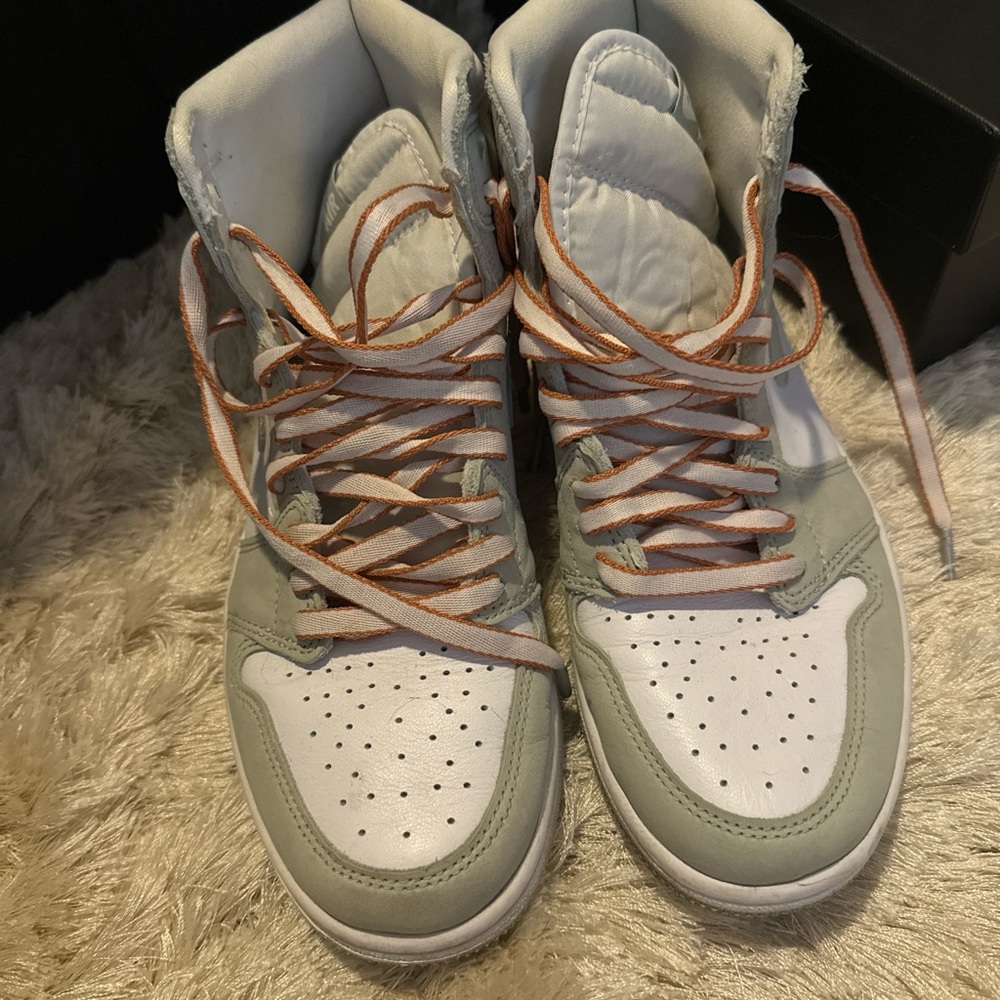 Jordan Women's Sneakers in White and Mint with Orange Laces